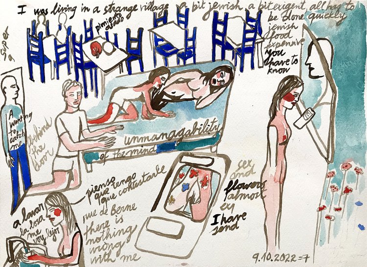 Marisa Cornejo, Unmanageability of the mind and Phones, ink and watercolour on paper, October 2022