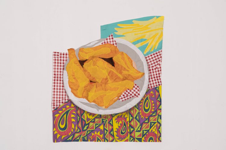 Still-Life with Fried Chicken and Fries, 2021 | Hangama Amiri | Chiffon, muslin, cotton, polyester, silk, acrylic paint, and found fabric. | 114.30 × 99.06 cm (45 × 39 in)