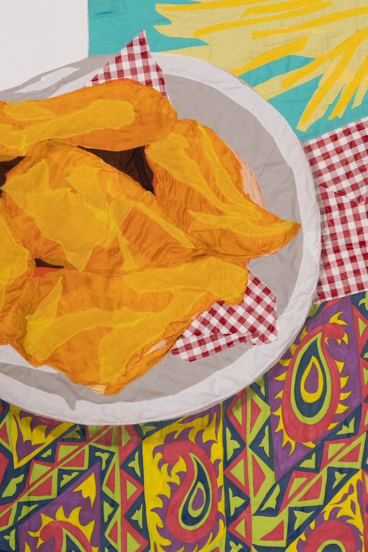 Still-Life with Fried Chicken and Fries, 2021 |Hangama Amiri|Chiffon, muslin, cotton, polyester, silk, acrylic paint, and found fabric. | 114.30 × 99.06 cm (45 × 39 in)